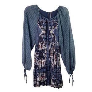 Free People Oksana Mini Dress Sz 6 Marine Blue Boho Peasant Puff Sleeve Women’s
